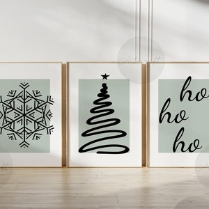 Sage Green Christmas Print Set of 3, Printable Snowflake, Christmas Tree Wall art, Scandi, Ho Ho Ho Christmas prints, Minimalist Digital Art