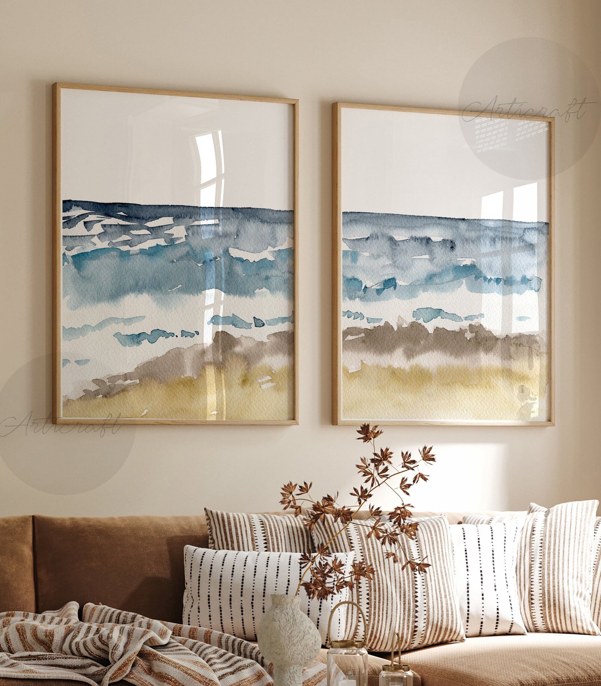 Abstract Beach Print Set of 2, Watercolor Blue and Beige Ocean Instant Download, Modern Wall Decor Art, Nautical Minimalist Boho Beachy Art