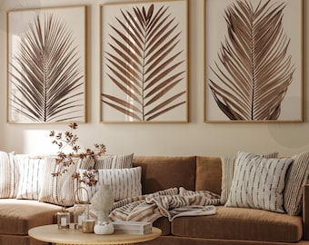 Minimalist Botanical Neutral Print Set of 3, Brown Beige Palm Leaves Prints, Boho Gallery digital Wall Art, Modern Tropical Printable poster