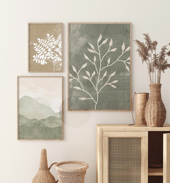 Abstract Green Botanical Art Set of 3 Prints, Boho Gallery, Olive Green Botanical Wall Decor, Sage and Beige Minimalist Printable Wall Art