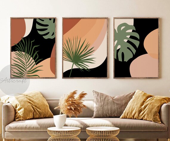Minimalistic Living Room print Grey Tropical Plant Leaves Wall Art Download Botanical Decor prints Instant Digital Download Poster