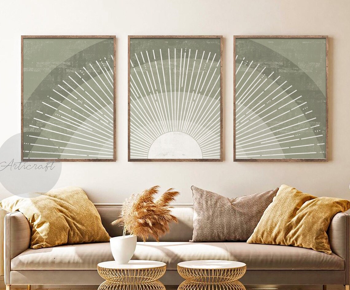 Green Sun Print Set of 3, Mid Century Modern Geometric Sun Print, Boho ...