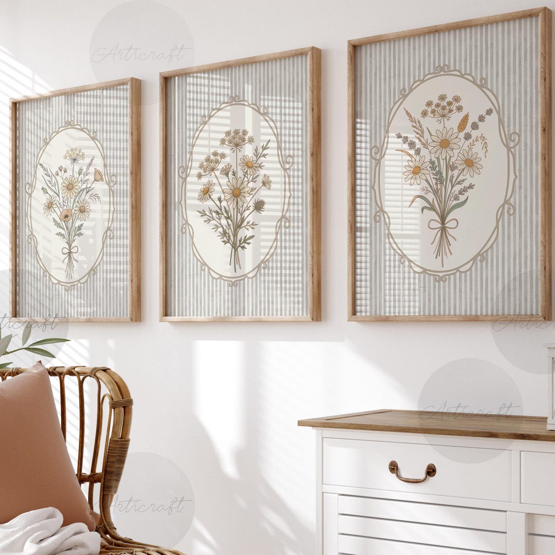 Floral Printable Set of 3 Retro Neutral Flowers Wall Art Digital ...