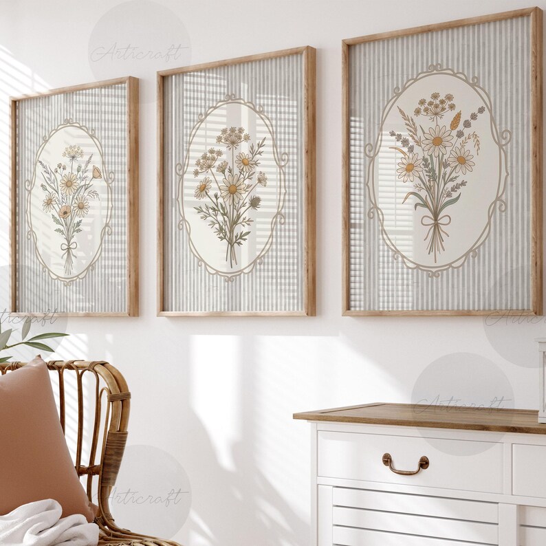 Floral Printable Set of 3 Retro Neutral Flowers Wall Art Digital ...