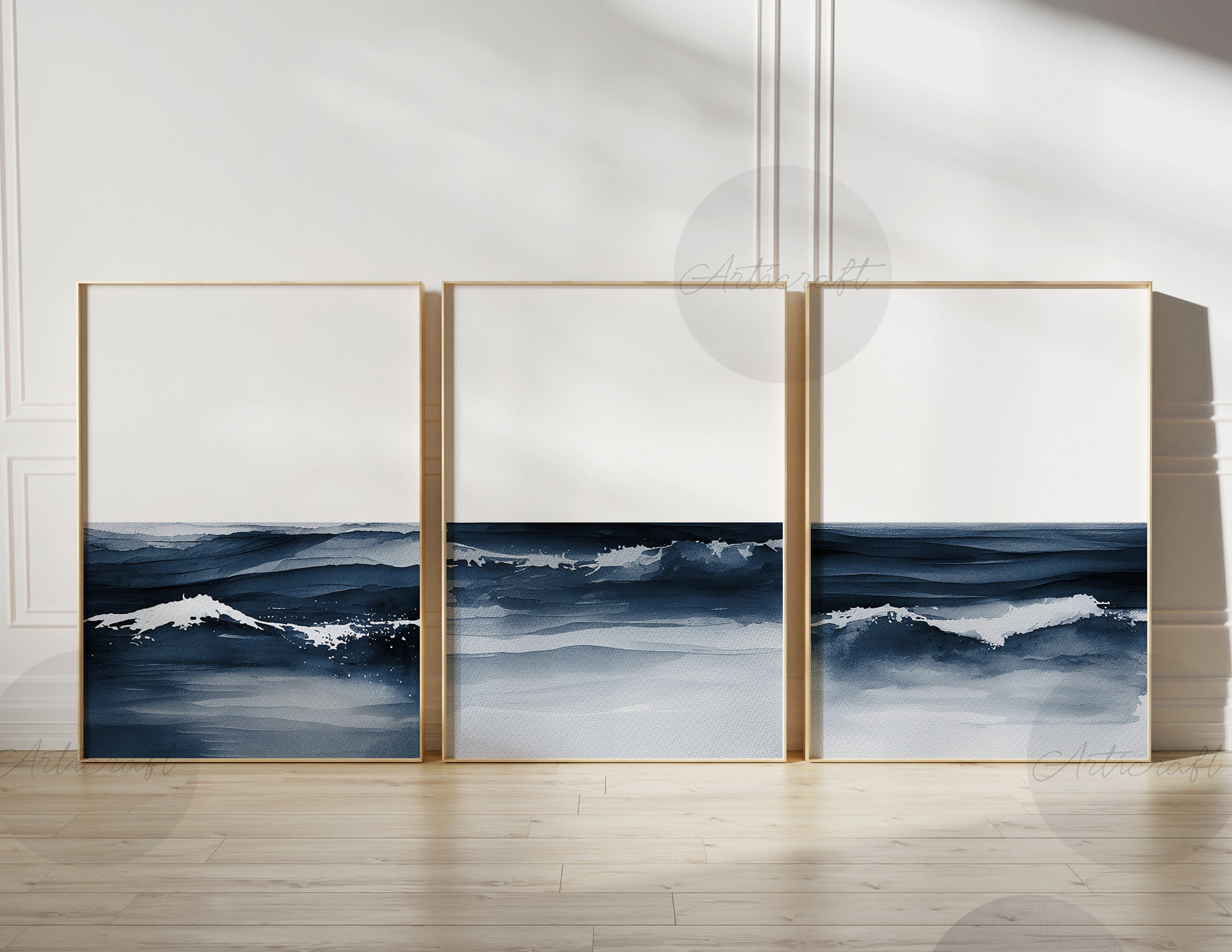 Abstract Watercolor Art Set of 3 Prints, Digital Navy-blue Ocean Wall ...