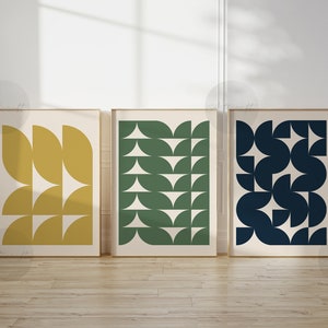 Mid century Modern Geometric Art Set of 3 Prints, Boho Wall decor, Printable Abstract Art, Bauhaus Prints, Navy, Green, Yellow Digital Art