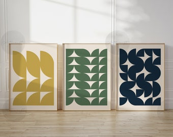 Mid century Modern Geometric Art Set of 3 Prints, Boho Wall decor, Printable Abstract Art, Bauhaus Prints, Navy, Green, Yellow Digital Art