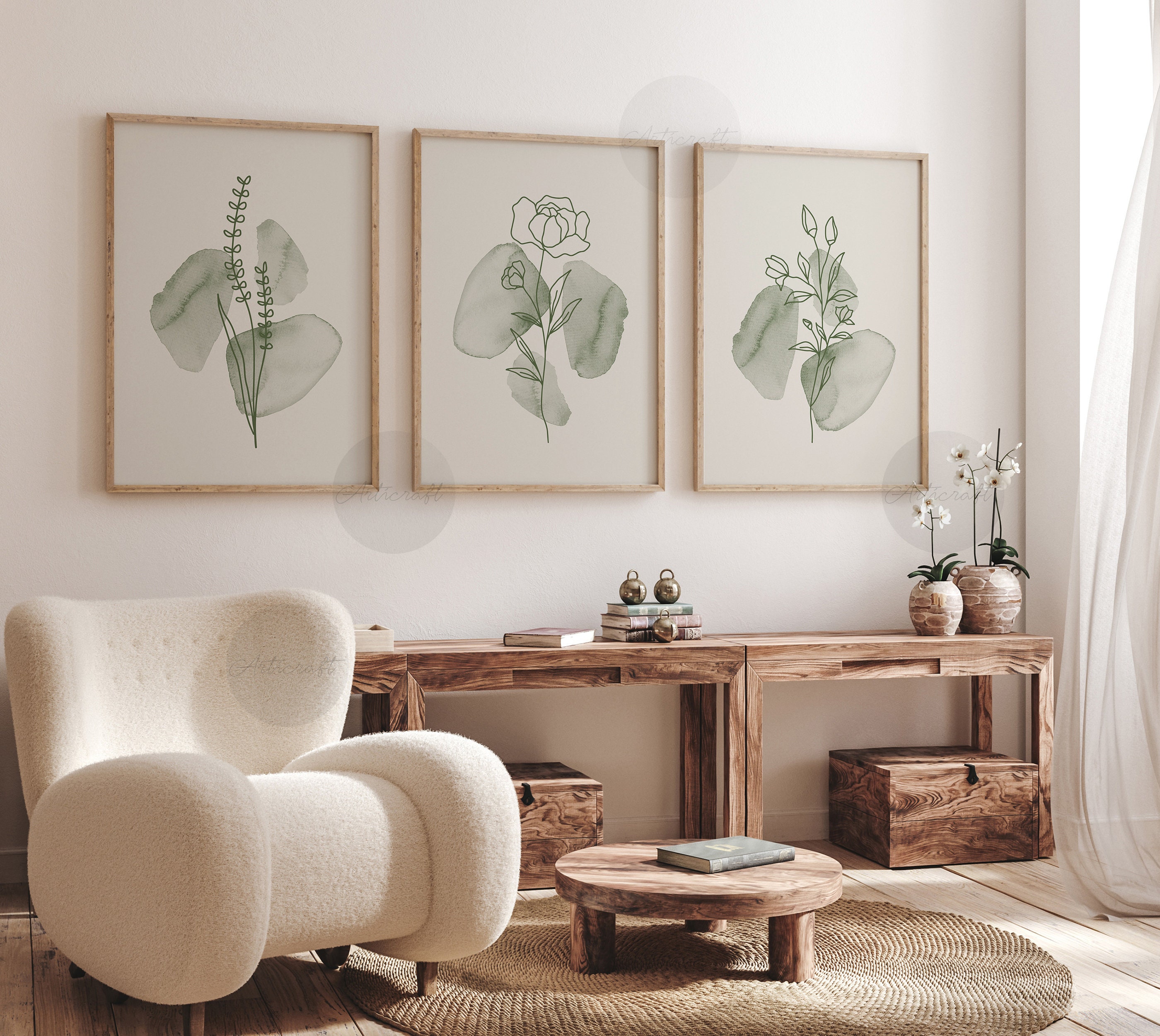 Boho Botanical Print Set of 3, Green Beige Gallery Wall Art, Sage Wild ...