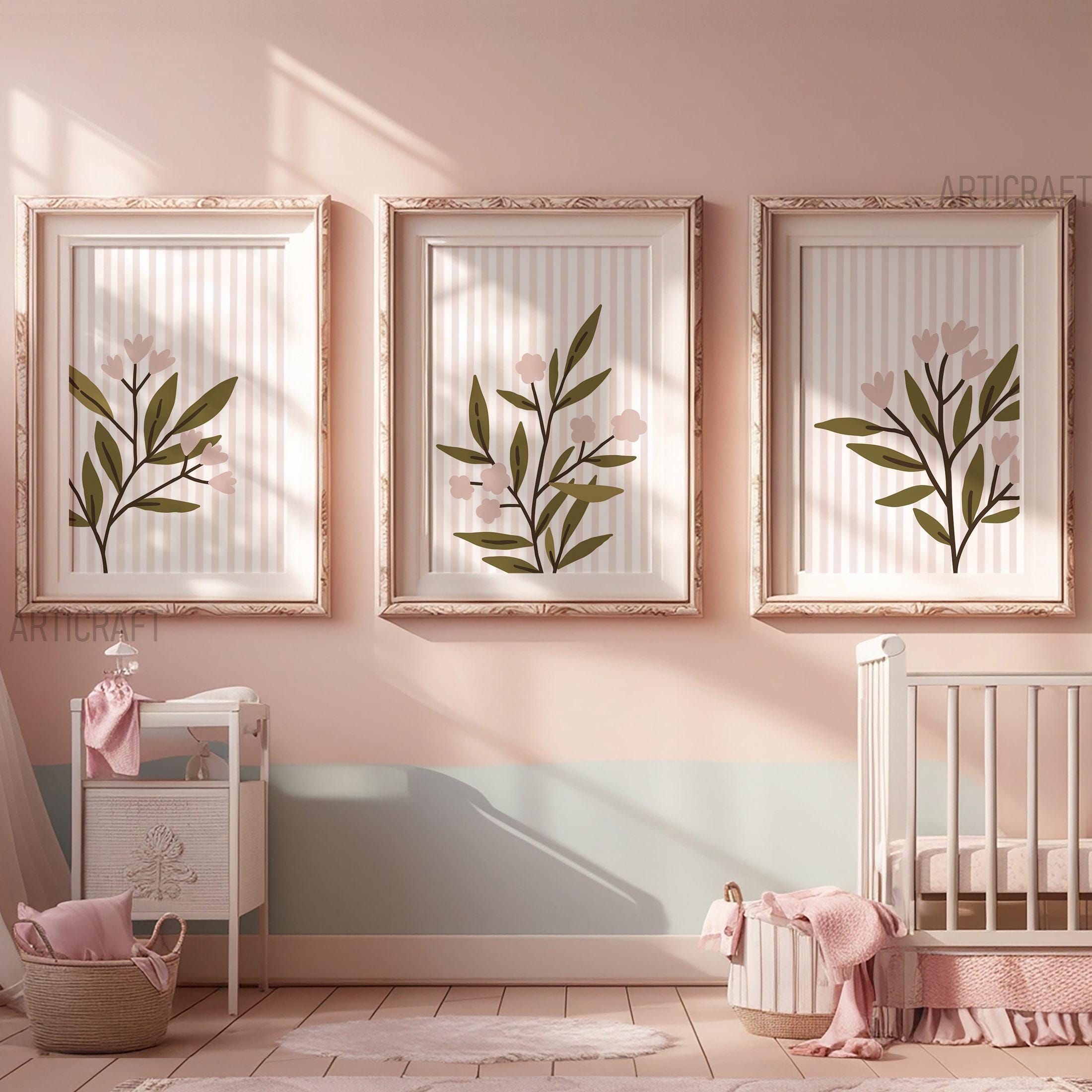 Blush Pink Stripe Floral Printable 3 Set Retro Flowers Wall Art Digital ...