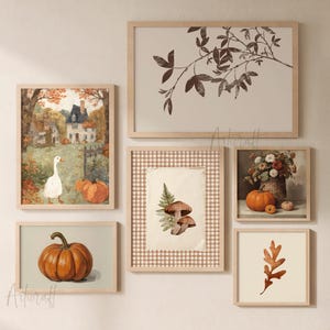 Set di stampe artistiche autunnali in stile rustico da fattoria, accogliente paesaggio di zucche neutre, decorazione murale vintage autunnale (download digitale) Cottagecore