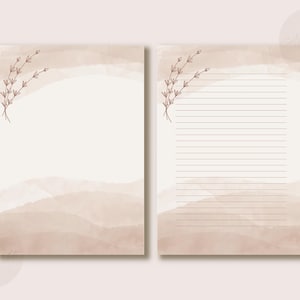 Papelaria botânica para impressão, páginas em tom lavanda neutro, papel digital para escrita, bege Boho A4 e papel tamanho carta EUA 8,5x11