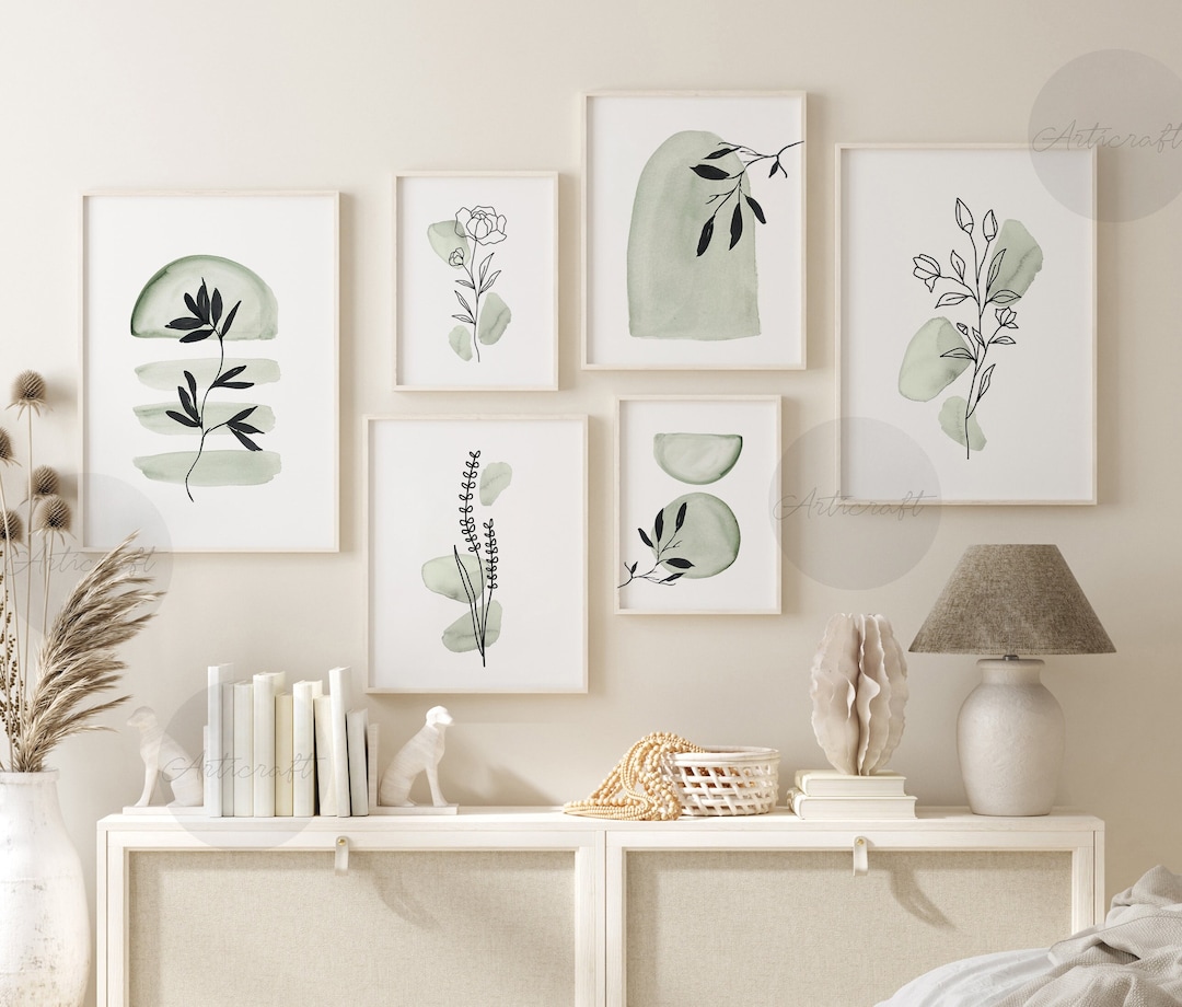 Boho Botanical Print Set of 6, Sage Green Gallery Wall Art, Wildflowers ...
