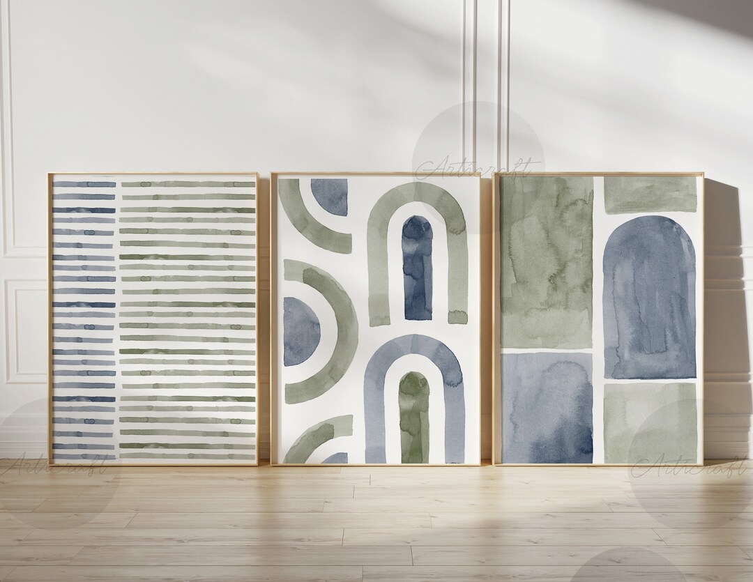 Boho Watercolor Wall Art Set of 3 Sage Green and Blue Etsy