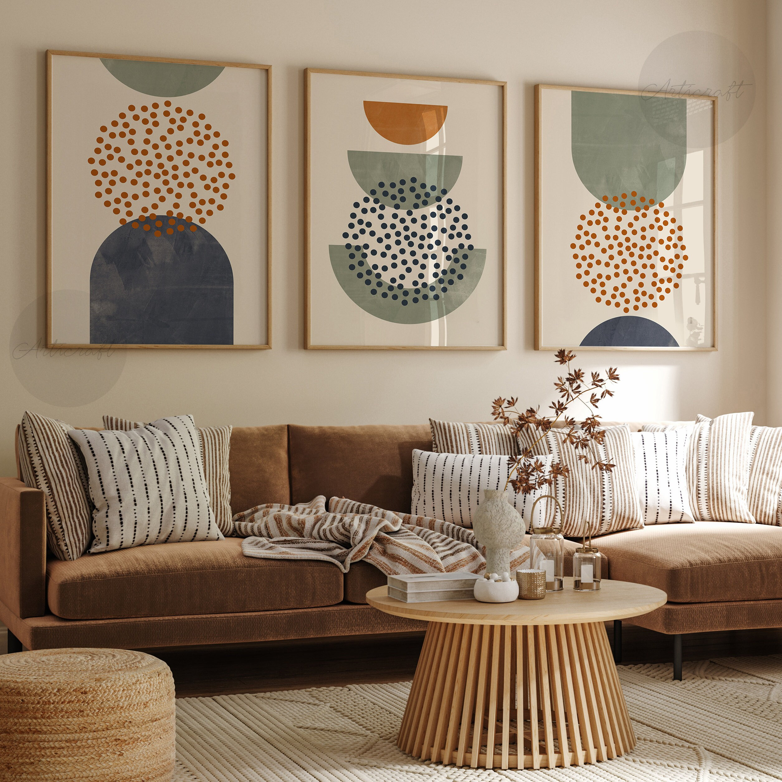 Green, Blue & Orange Mid Century Modern Geometric Print Set of 3