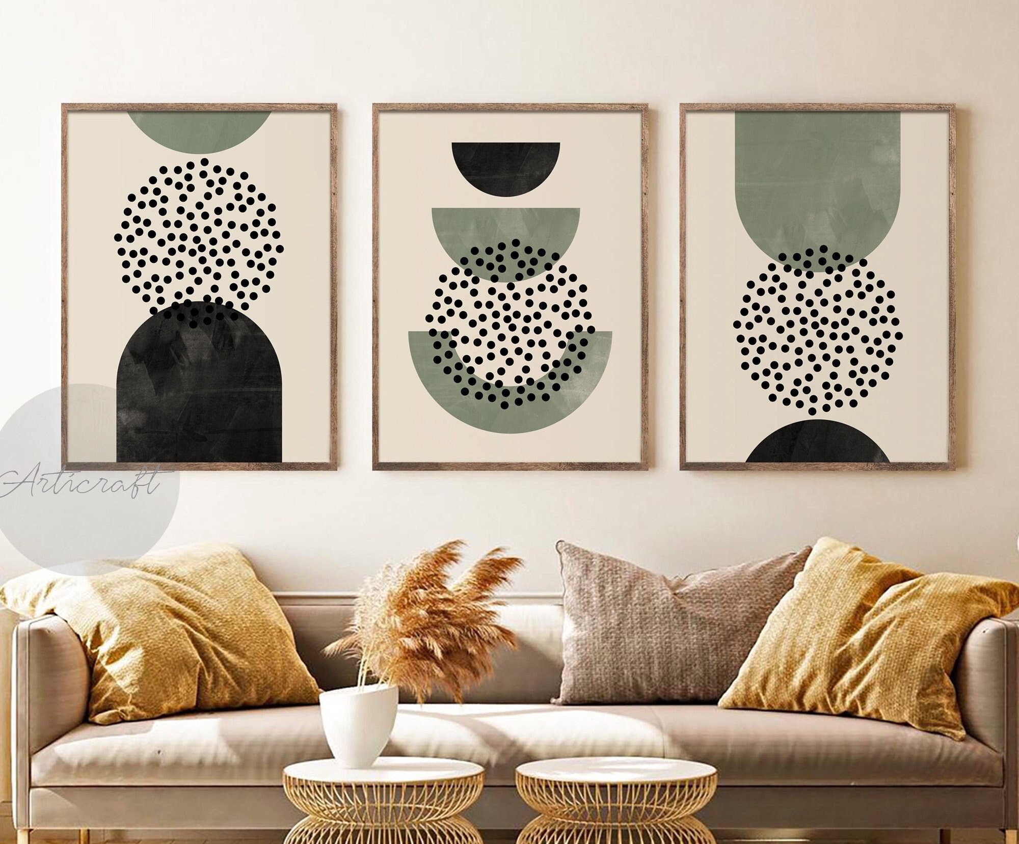 Green Mid Century Modern Geometric Print Set of 3, Boho Green and