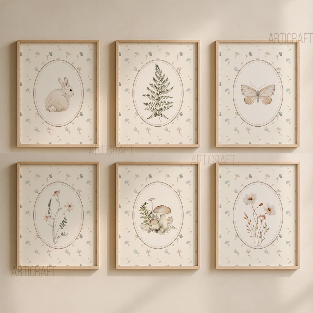 Nursery Neutral Botanical Printable Set of 6, Girl Cottagecore Cream ...