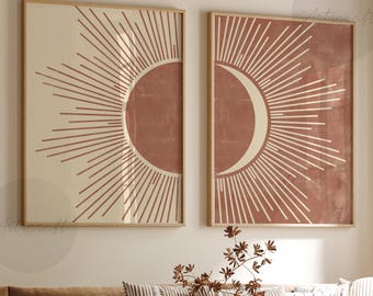 Sun and Moon Art Set of 2 Prints, Muted Orange Terracotta Mid Century Modern Nursery Boho Print Set, Geometric Abstract Art, Boho Wall Art