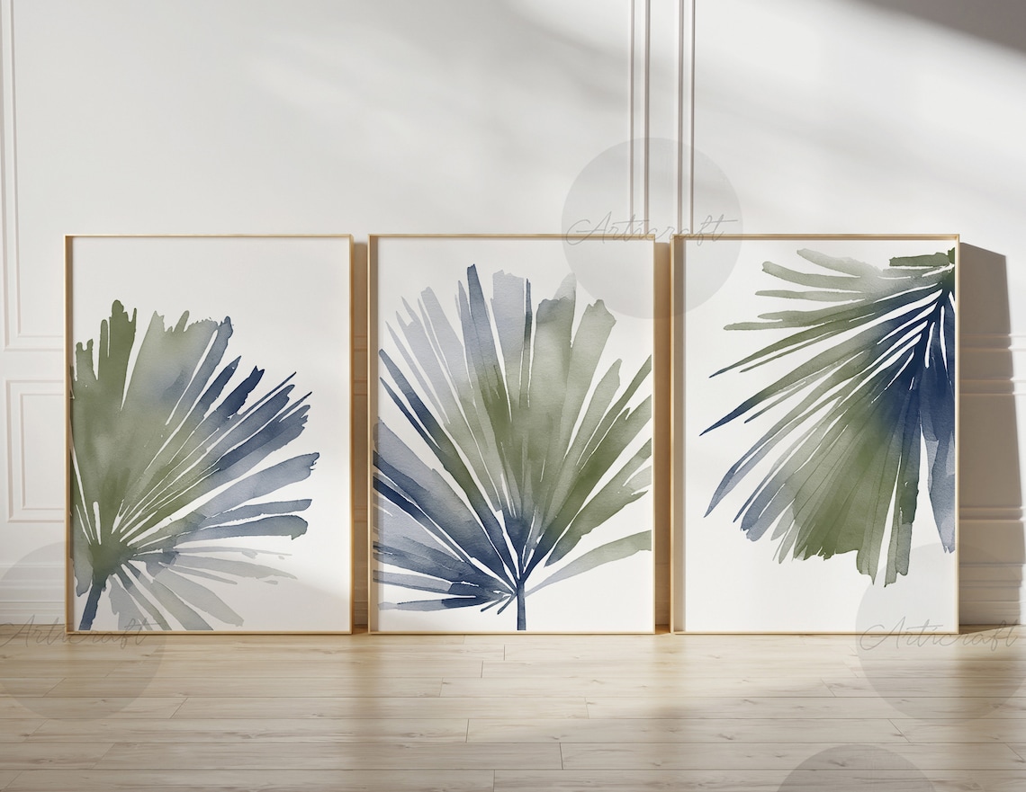 Sage Green and Blue Boho Botanical Print Set of 3, Tropical Art ...