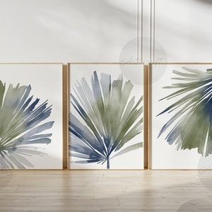 Sage Green and Blue Boho Botanical Print Set of 3, Tropical Art, Watercolor Palm Leaves Printable Art, Digital Wall Decor, Minimalist Art