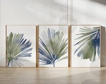 Sage Green and Blue Boho Botanical Print Set of 3, Tropical Art, Watercolor Palm Leaves Printable Art, Digital Wall Decor, Minimalist Art