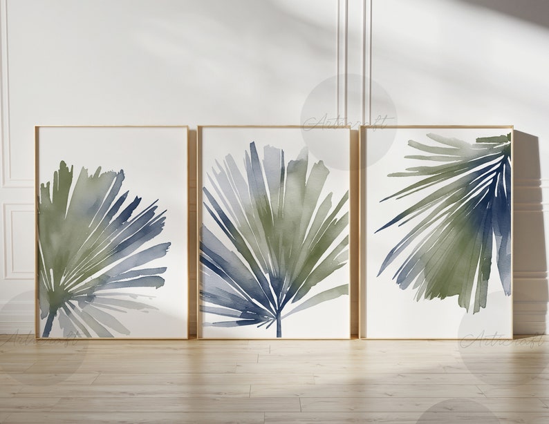 Sage Green and Blue Boho Botanical Print Set of 3, Tropical Art ...