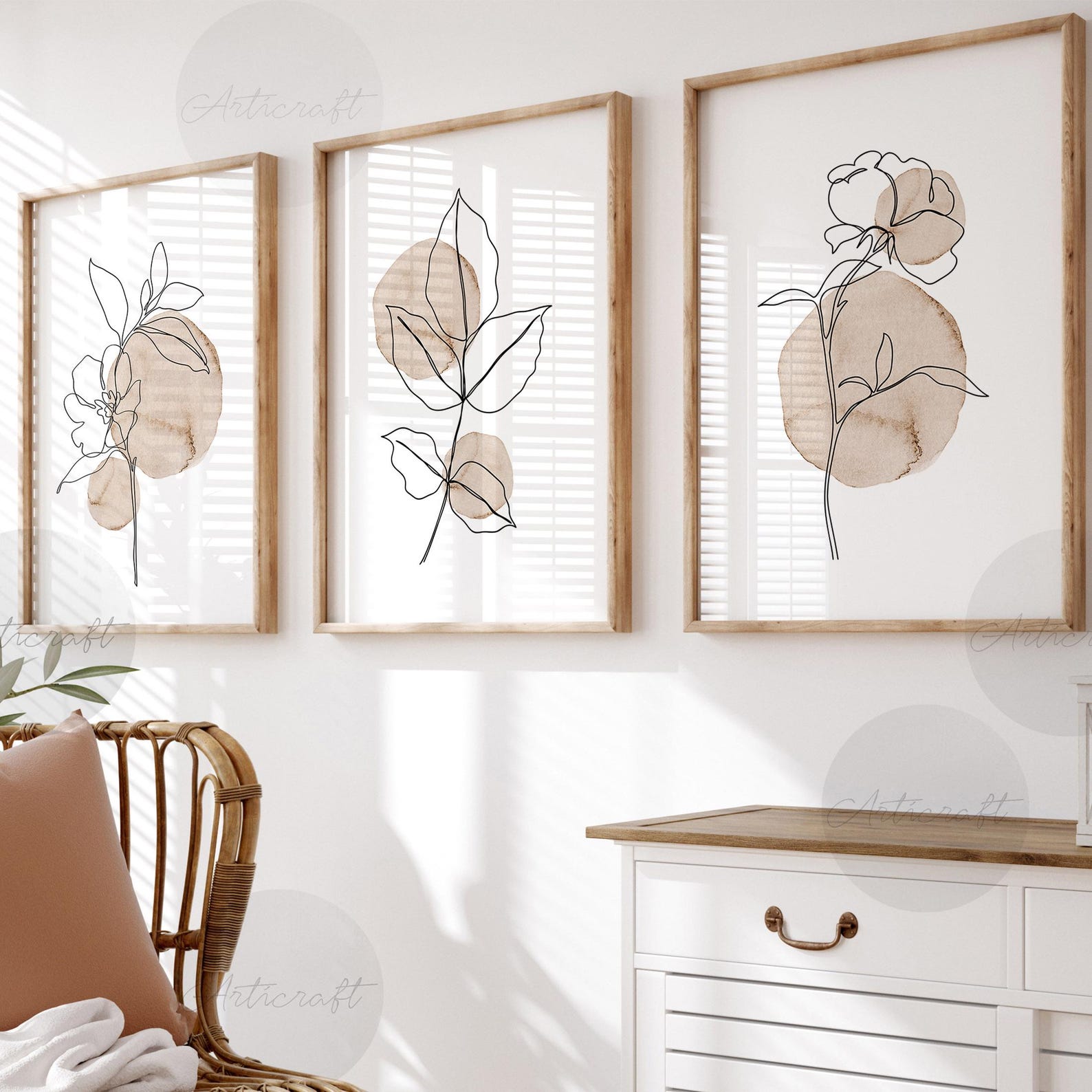 Boho Botanical Printable Set of 3, Neutral Wildflowers Wall Art ...