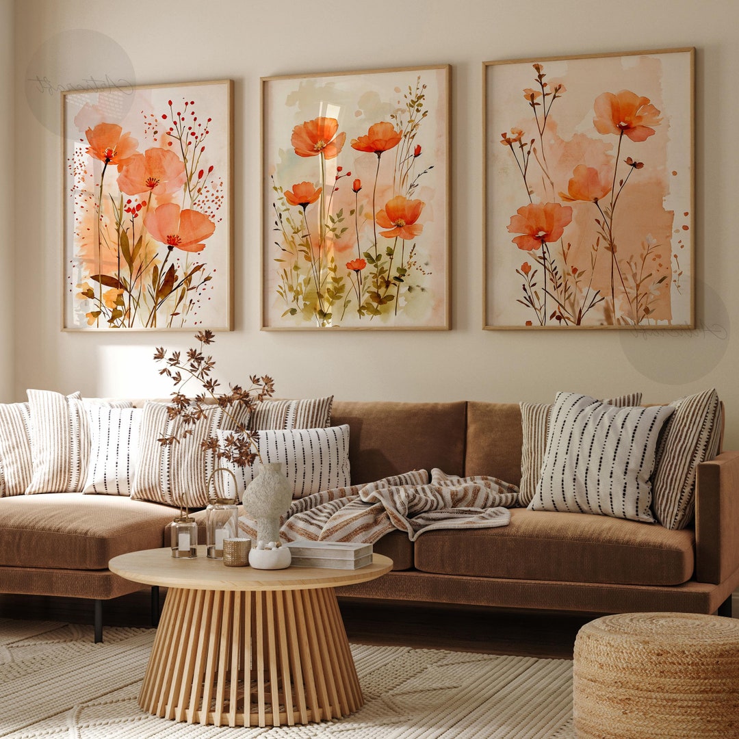 Watercolor Botanical Print Set of 3, Farmhouse Floral Printable Poppies ...