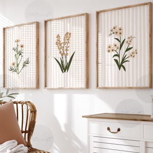 Floral printable set of 3 retro neutral flowers wall art digital striped botanical, summer home decor, vintage cottagecore beige wildflowers