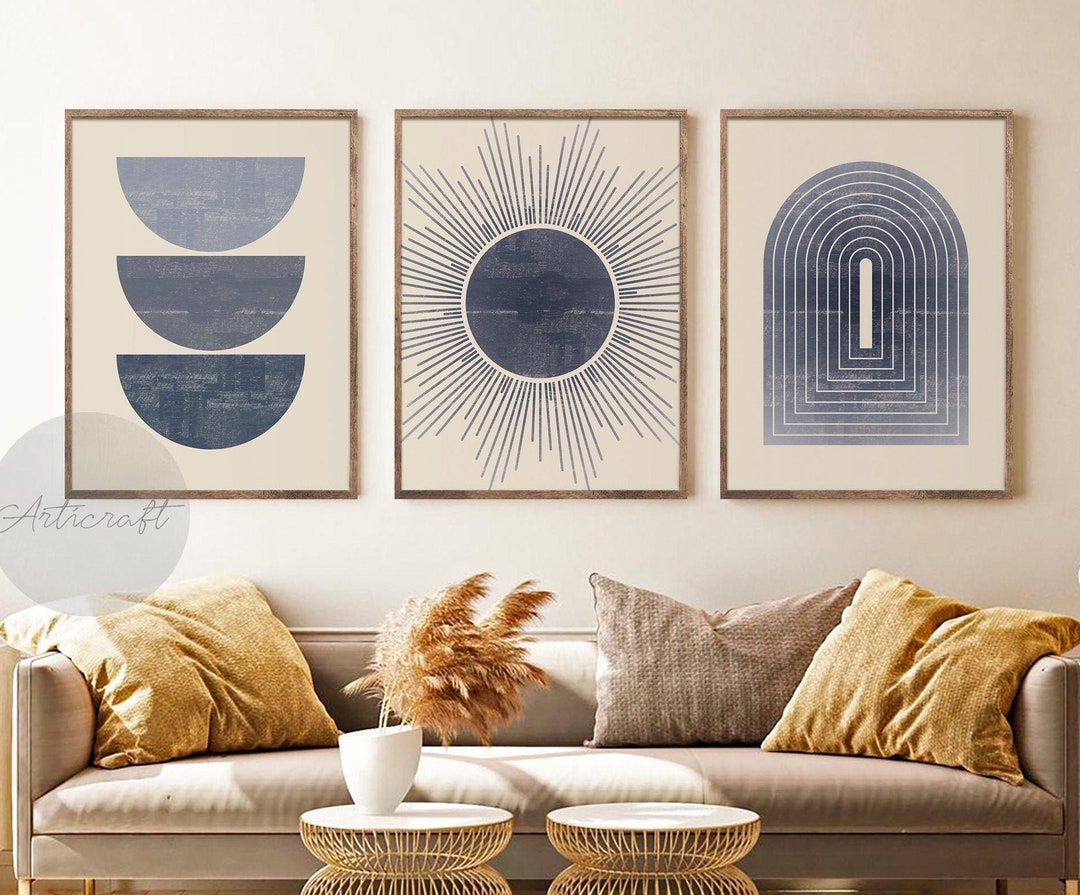 Blue Mid Century Modern Geometric Sun Print Set of 3 Prints, Digital ...