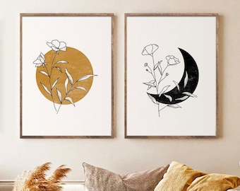 Ensemble d'impression soleil et lune de 2, ensemble d'impressions bohème soleil et lune du milieu du siècle, soleil fleur jaune moutarde, lune noire art déco murale, art mural pour chambre d'enfant