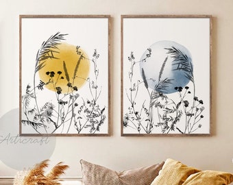 Watercolor Sun and Moon Botanical Print Set of 2, Boho Blue and Yellow Wall Art, Wild Flowers Printable Floral Art, Grass, Modern Home Decor