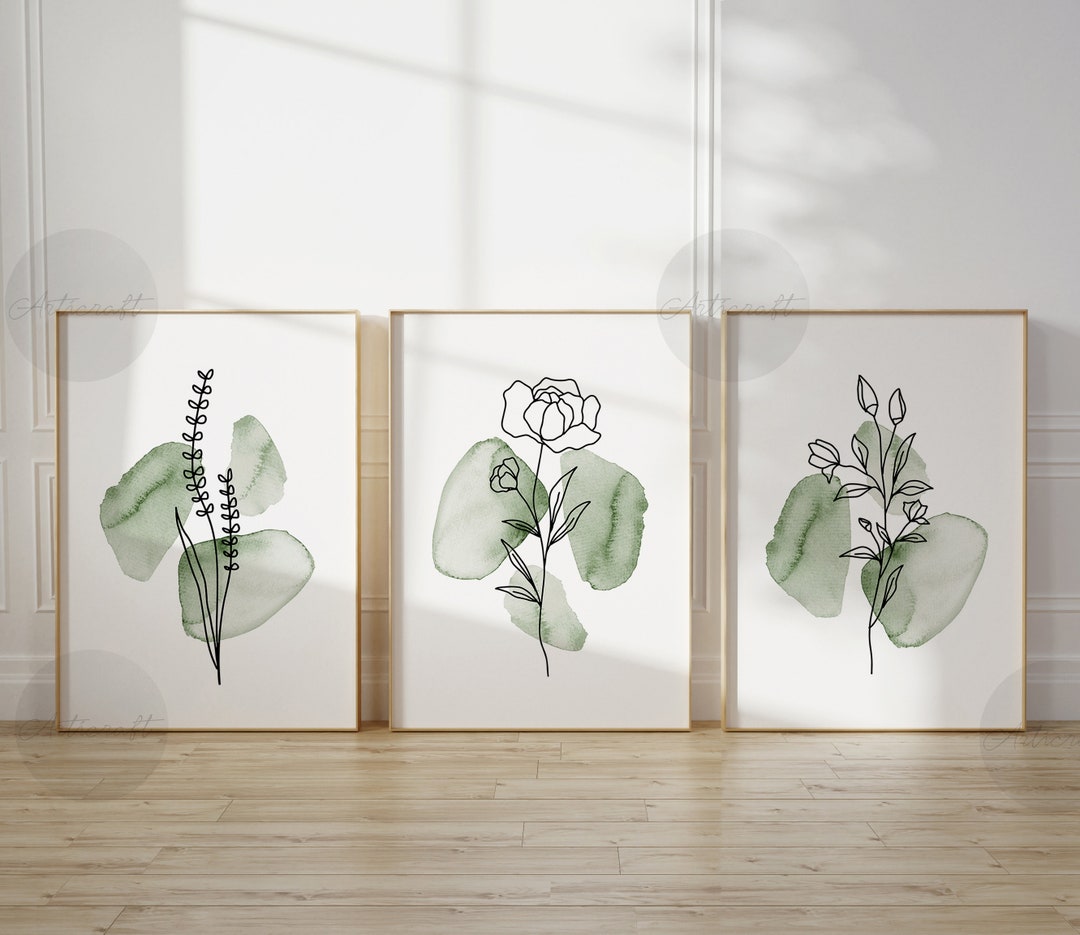 Boho Botanical Print Set of 3, Green Gallery Wall Art, Sage Wild ...