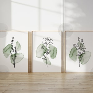 Juego de 3 impresiones botánicas bohemias, arte de pared de galería verde, arte imprimible de flores silvestres de salvia, arte decorativo floral de acuarela de línea abstracta para el hogar y el dormitorio.