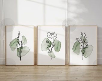 Lot de 3 impression botanique bohème, art mural vert galerie, art imprimable fleurs sauvages sauge, ligne abstraite aquarelle floral maison dortoir art déco