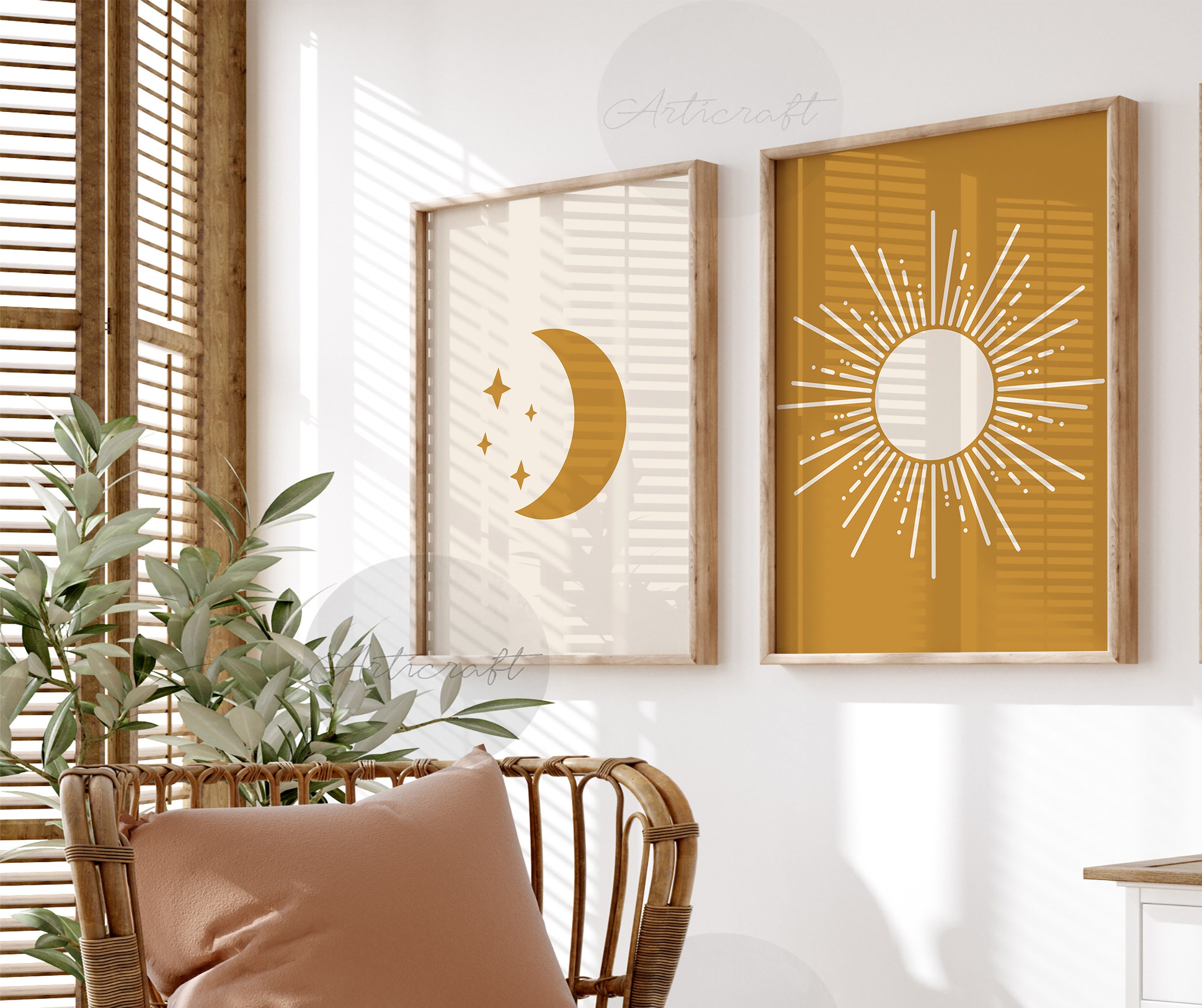 Sun and Moon Art Set of 2 Prints, Mid Century, Nursery Boho