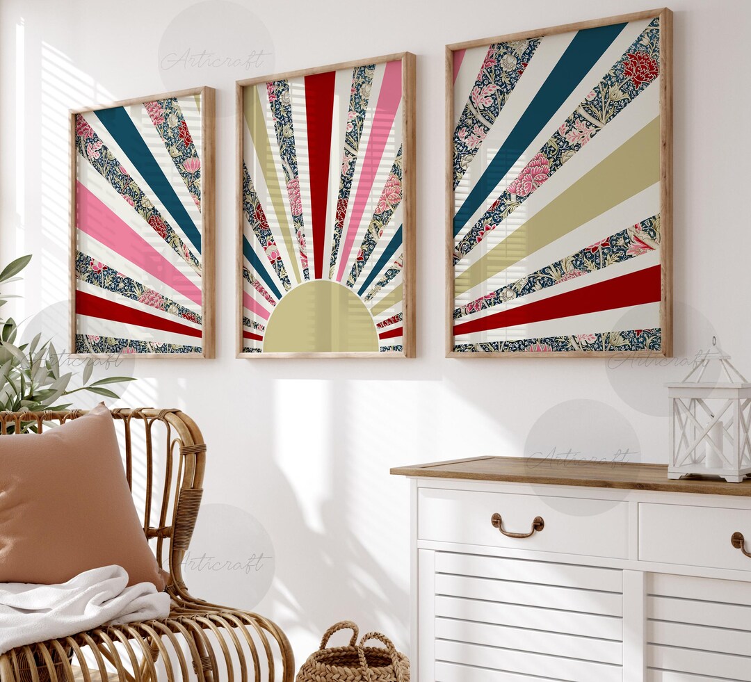 Boho Sun Print Set of 3, Boho Sage Green & Pink Sun, Nursery Printable ...