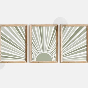 Sage Green Sun Print Set of 3, Mid Century Modern Geometric Sun, Boho Digital Abstract Sun, Neutral Nursery Wall art, Minimalist Wall Decor