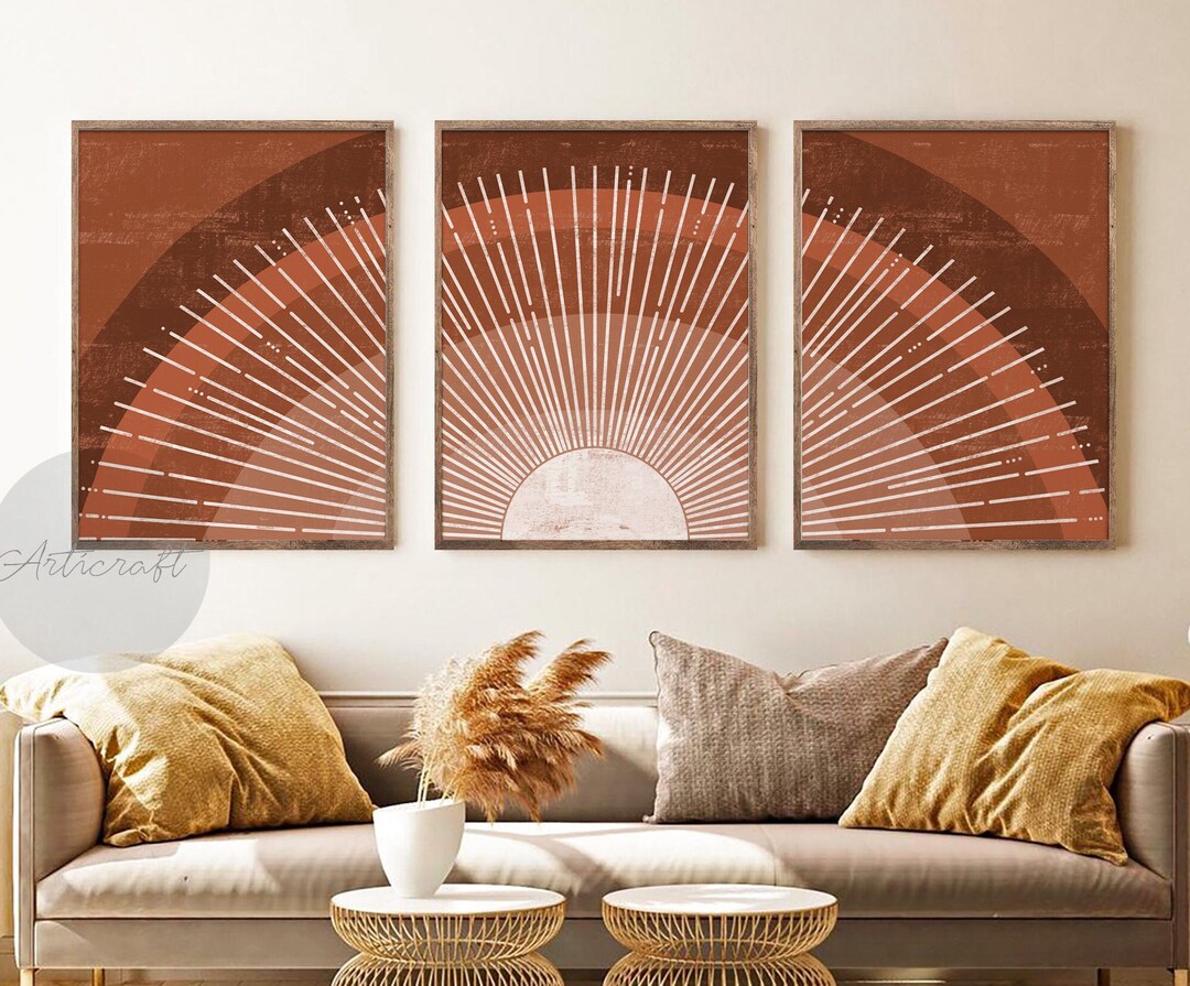 Sun Print Set of 3 Wall Decor, Boho Terracotta Rust Orange Digital ...