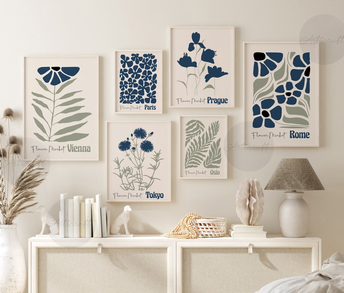 Boho Botanical Print Set of 6, Navy Blue and Sage Green Wall Art ...