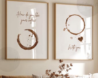 Romantische koffieprint set van 2, hoe drink je het liefste, met jou, afdrukbare muurkunst, retro keukendecor, bar trendy digitale poster
