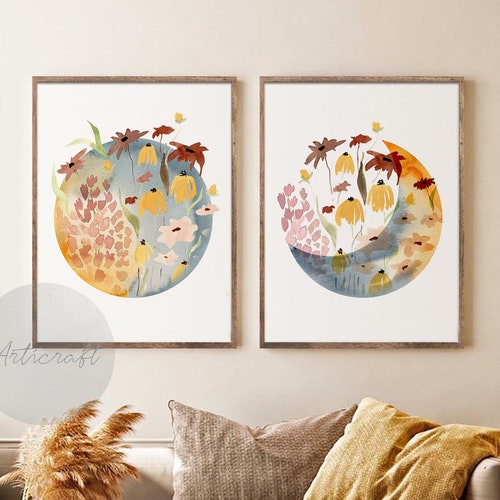 Watercolor Floral Moon Print Set of 2 Boho Blue Orange Etsy