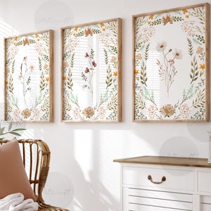 Floral Print Set of 3, Printable Wall art, Watercolor Wildflowers, Neutral Boho Botanical Farmhouse Art, Nursery Flowers Modern Home Decor