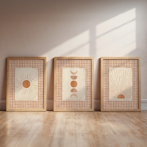 Sun and Moon boho printable Art Set of 3 Prints, terracotta nursery wall decor, trendy retro gingham kids room posters, gender neutral