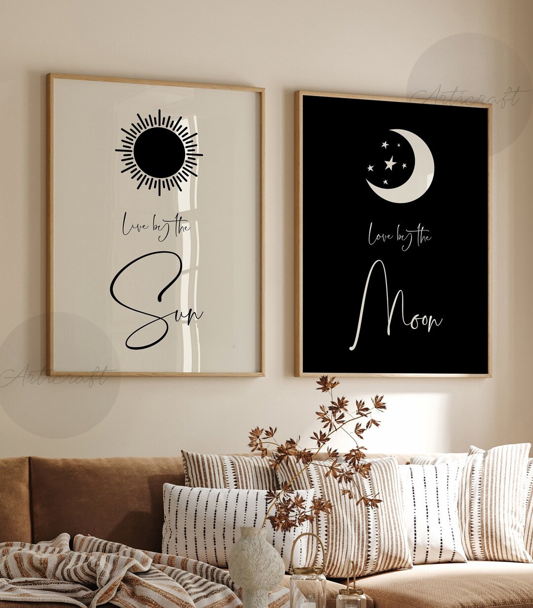 Live by the Sun Love by the Moon Art Set of 2 Prints, Boho Sun Moon