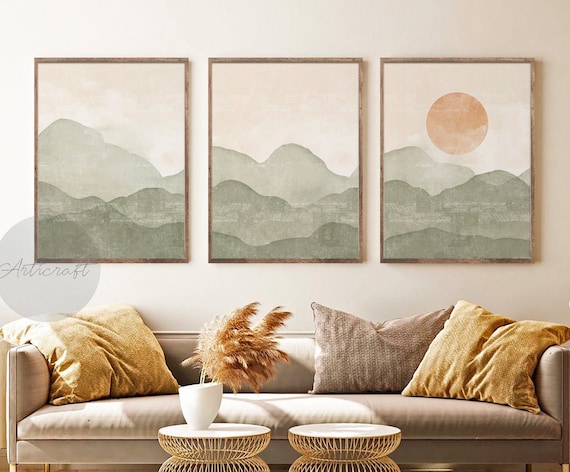 Boho Green Mountain Print Set of 3, Mid Century Modern Sage