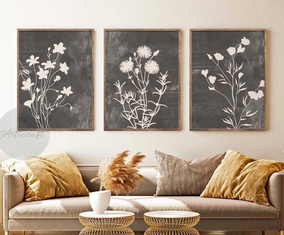 Abstract Botanical Art Set of 3 Prints, Boho Gray Beige