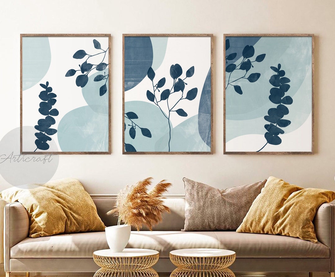 Abstract Botanical Art Set of 3 Prints, Boho Gallery Wall Art, Navy ...