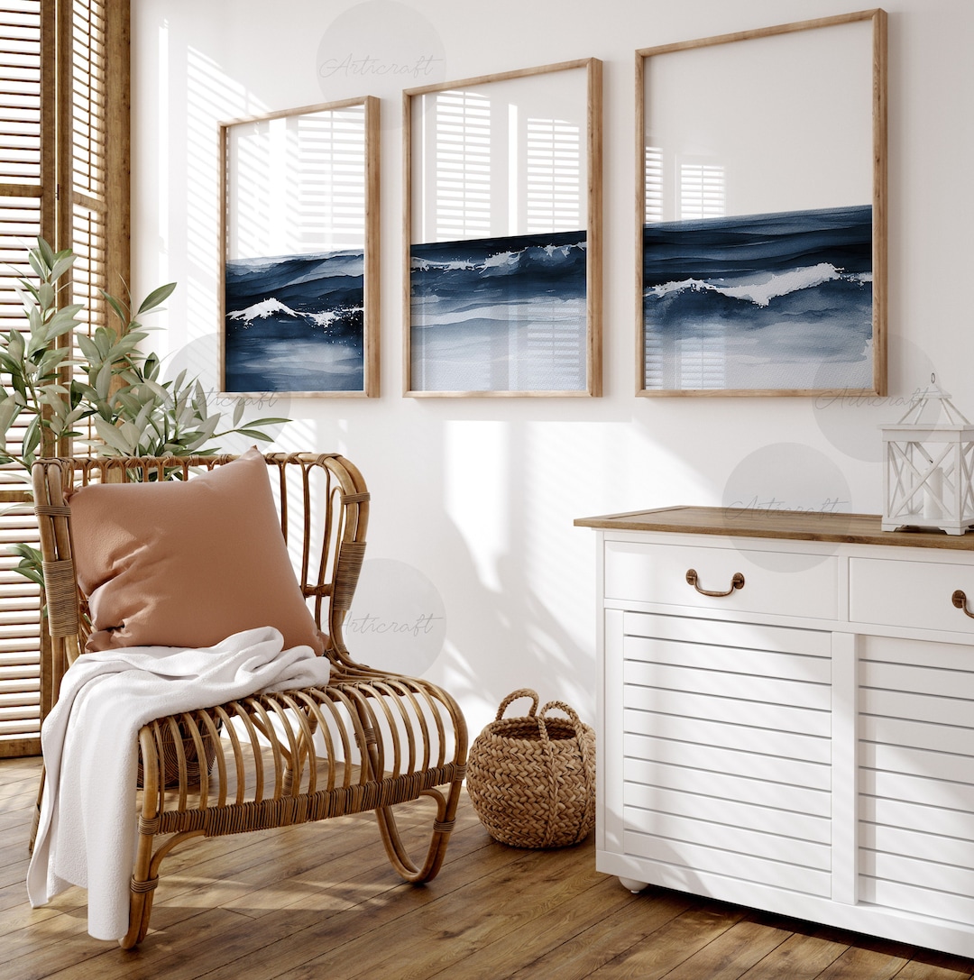 Abstract Watercolor Art Set of 3 Prints, Digital Navyblue Ocean Wall