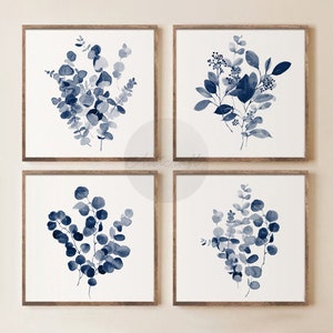 Aquarell Botanischer Druck Set von 4, Eukalyptus druckbare Galerie Wandkunst, marineblaue Kunst, quadratische Drucke, moderne Innendekorkunst