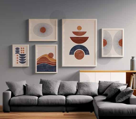 Mid Century Modern Print Set of 5, Navy Blue, Orange & Beige